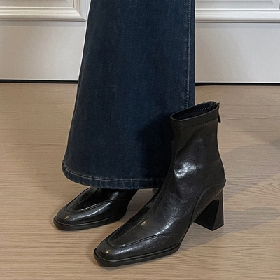 真皮高跟短靴女2025秋冬季新款方头马丁靴法式复古弹力瘦瘦靴子女