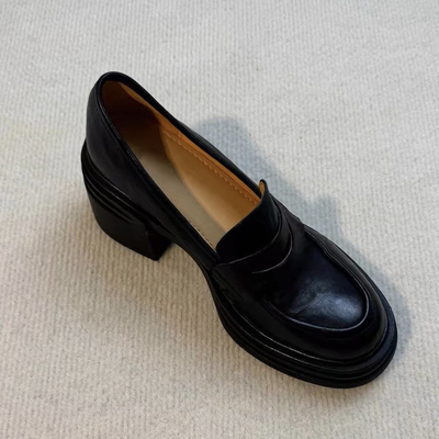 羊皮版~真皮厚底粗跟乐福鞋女复古风小个子增高一脚蹬简约小皮鞋