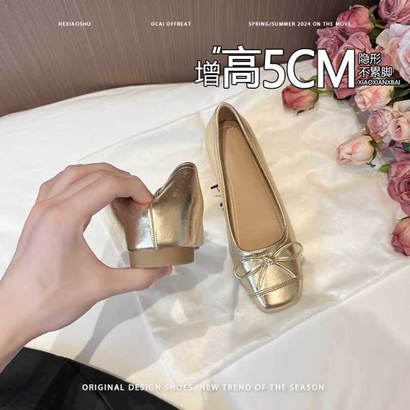 羊皮版~法式蝴蝶结浅口单鞋女2026新款5CM隐形内增高金色玛丽珍鞋