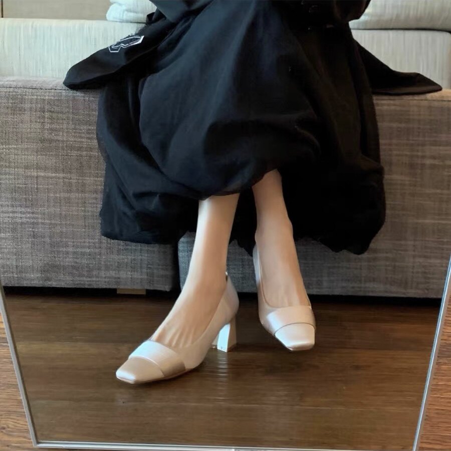 超软小羊皮~法式名媛绸缎裸色高跟鞋女粗跟方头气质不累脚单鞋女