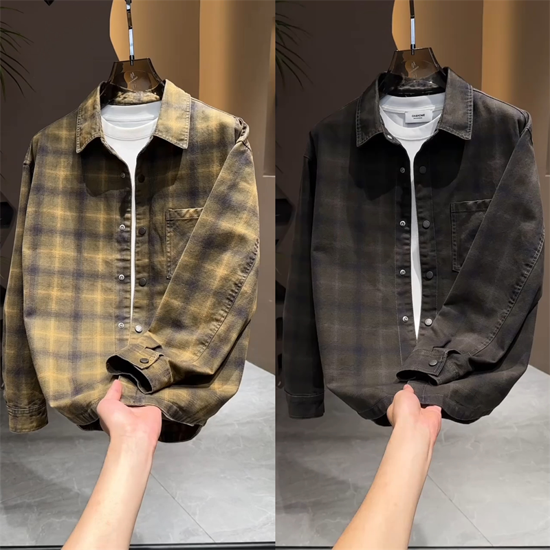 秋季男士格子衬衫牛仔翻领夹克外套男高级感百搭宽松简约休闲上衣