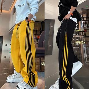 潮牌宽松百搭阔腿直筒裤 秋冬新款 男士 侧边条纹拉链设计运动休闲裤