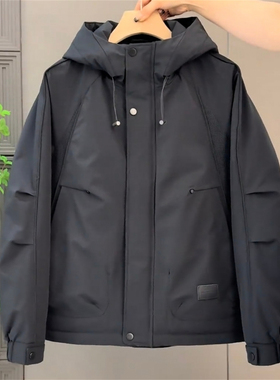 秋冬新款潮牌夹棉加厚二棉连帽外套男士简约休闲工装保暖棉服夹克