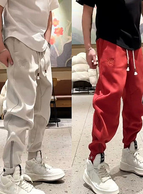 冬季加绒潮流刺绣侧拉链束脚卫裤男士潮牌纯色百搭宽松哈伦休闲裤