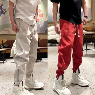 冬季加绒潮流刺绣侧拉链束脚卫裤男士潮牌纯色百搭宽松哈伦休闲裤