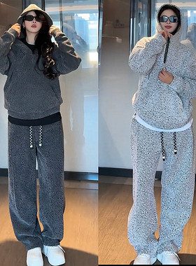 冬季重磅加绒加厚银丝斜条纹休闲连帽卫衣套装男宽松休闲裤两件套