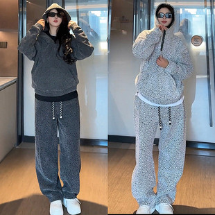 两件套 男宽松休闲裤 冬季 重磅加绒加厚银丝斜条纹休闲连帽卫衣套装