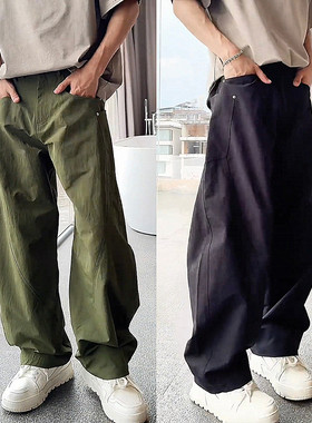 大口袋立体剪裁解构弯刀阔腿休闲裤男士潮流时尚百搭拖地直筒长裤