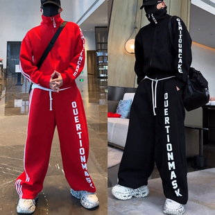 冬季加绒织带印花字母休闲运动套装男士痞帅开衫外套弯刀裤两件套