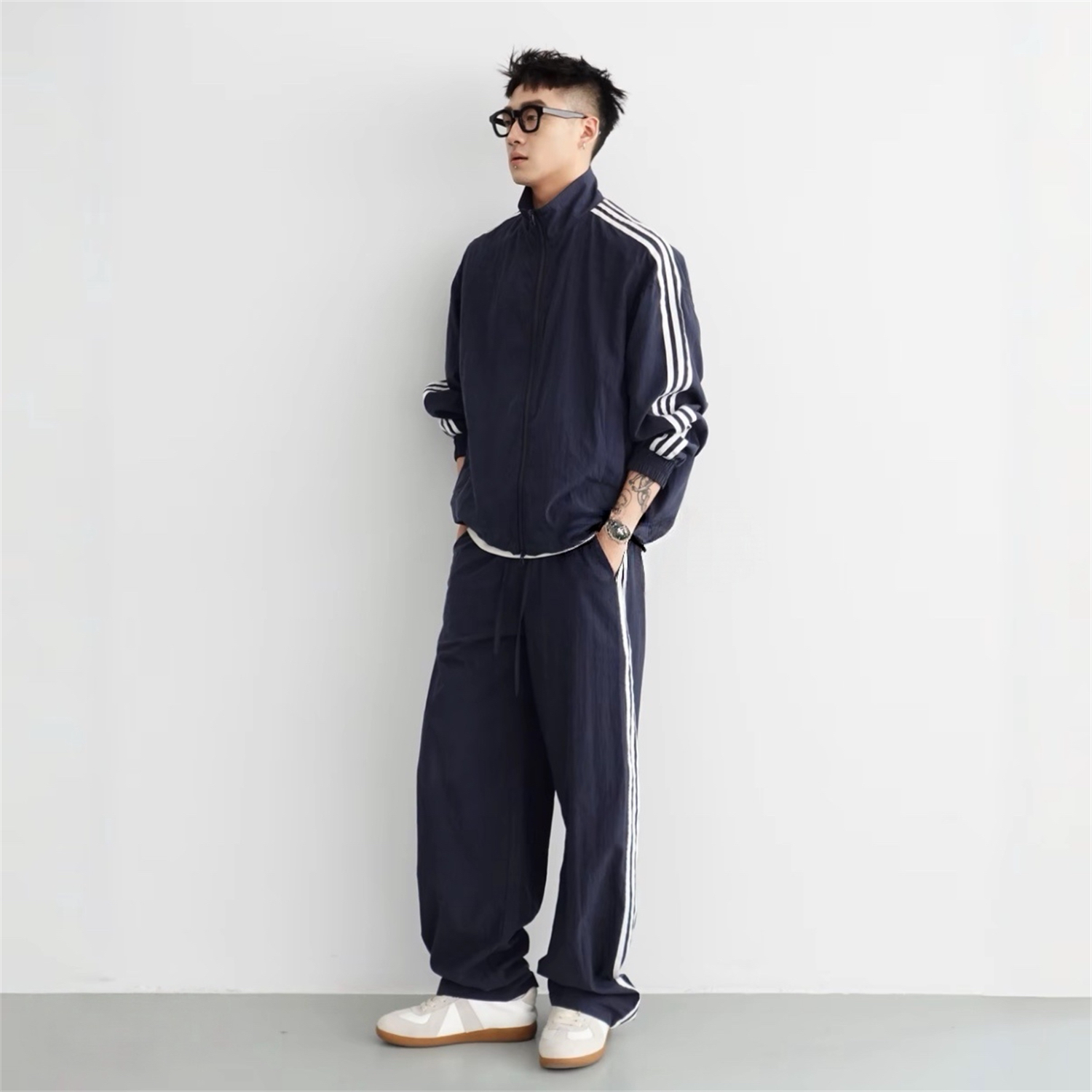 莱赛尔撞色条纹立领夹克运动休闲套装男夏季薄款外套直筒裤两件套
