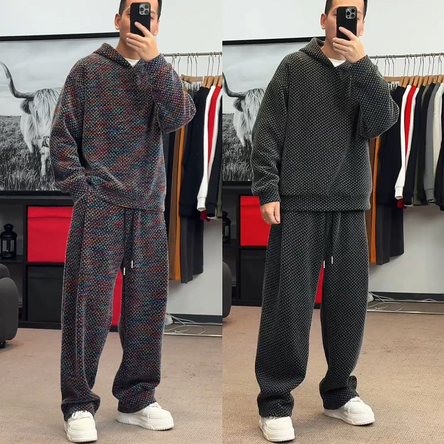 冬季加绒加厚连帽卫衣休闲运动套装男潮流痞帅时尚宽松情侣两件套