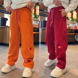 百搭宽松撞色抽绳直筒卫裤 男潮流时尚 加绒加厚植绒贴布休闲裤 冬季