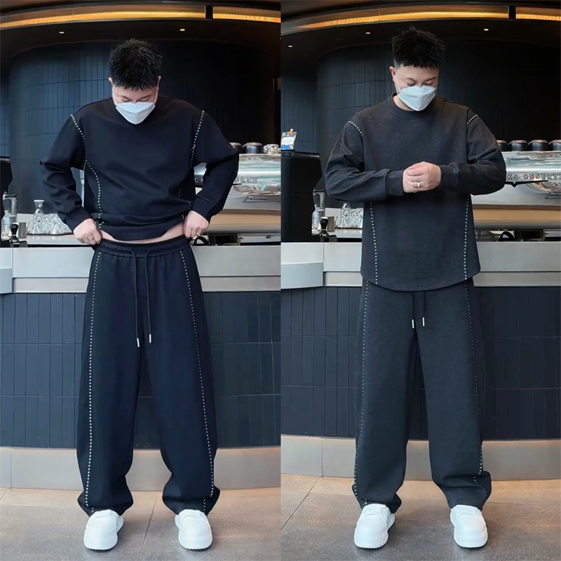 秋季新款拼接明线慵懒风休闲运动套装男简约圆领卫衣直筒裤两件套