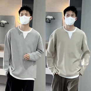 新款 百搭宽松休闲情侣款 假两件设计长袖 时尚 打底上衣 卫衣男士 秋季