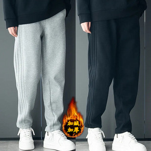 宽松运动卫裤 冬季 潮流简约百搭直筒裤 男士 加绒加厚条纹压褶休闲裤