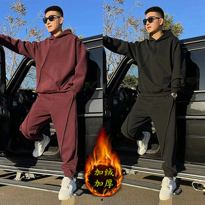 秋冬加绒加厚掐褶纯色连帽卫衣卫裤套装男士时尚百搭情侣款两件套