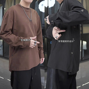 圆领卫衣男士 排扣开衩长袖 潮牌百搭宽松纯色休闲套头上衣 新款 秋季