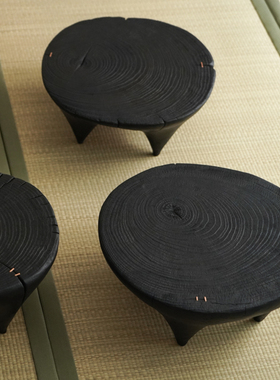 侘寂风圆形榻榻米整实木炭黑小茶几家用多功能复古飘窗矮桌小茶台