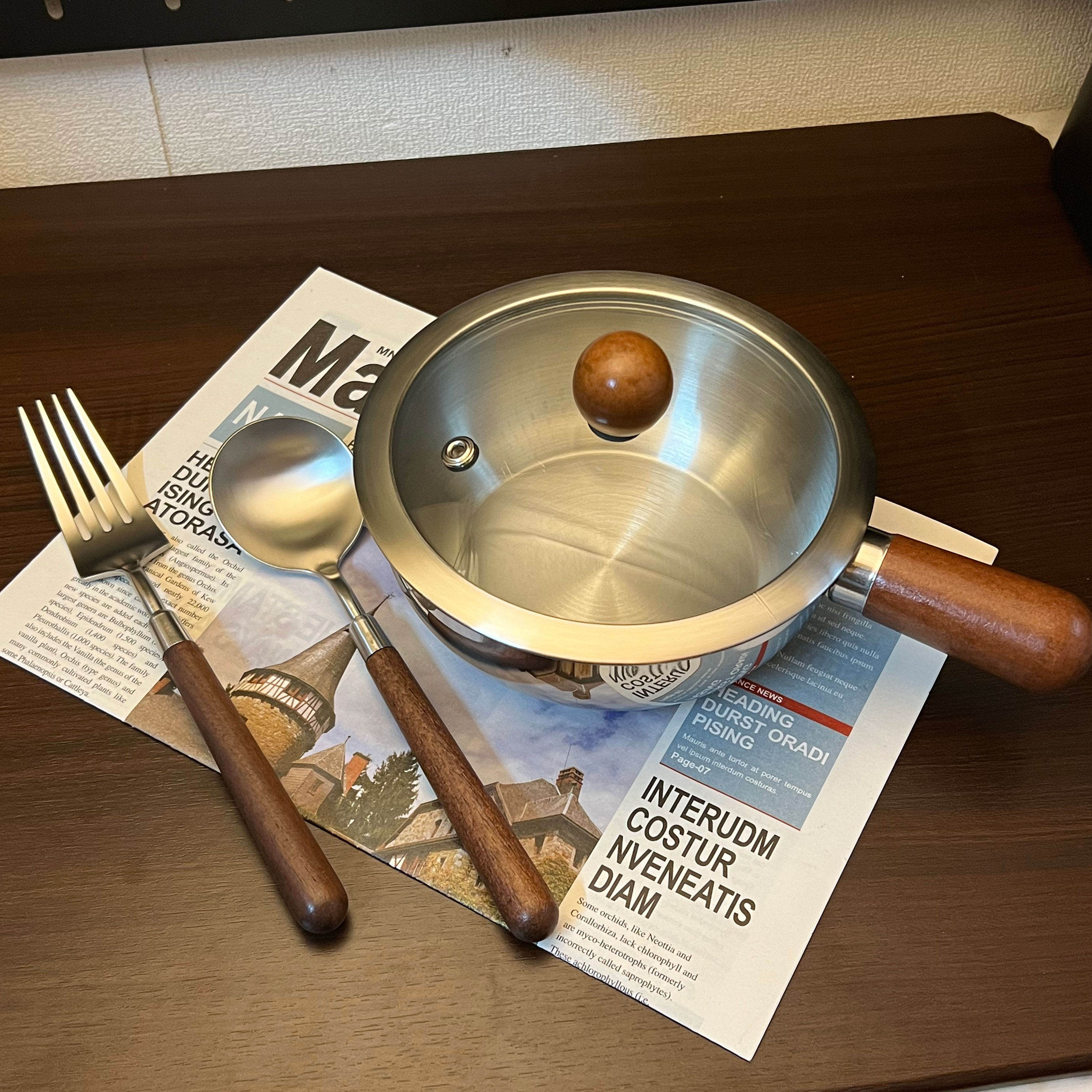 不锈钢泡面碗可明火电磁炉一人食锅胡桃木手柄沙拉碗小吃碗