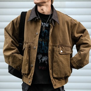 美式复古巴恩风皮领拼接立体大口袋工装外套男水洗做旧短款夹克潮