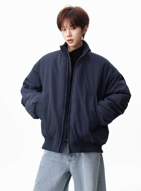 美式藏青色廓形立领棉服男女秋冬季潮牌青少年宽松保暖夹克棉衣男