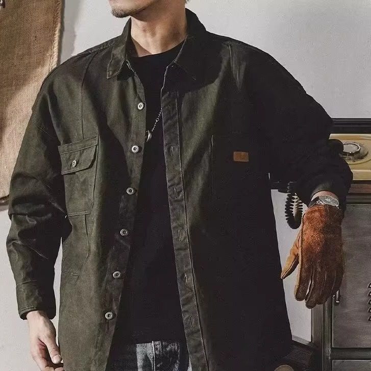 美式重磅复古工装衬衫男长袖宽松潮牌大码衬衣男秋季猎装夹克外套