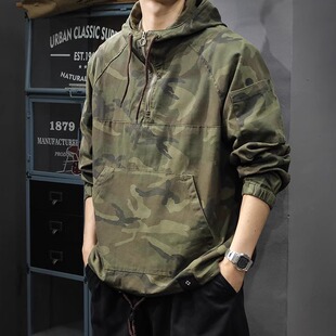 迷彩工装夹克男冲锋套头外套复古春秋潮牌户外休闲宽松半拉链上衣
