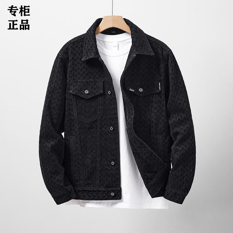 官方正品春秋季黑色提花男士牛仔外套百搭休闲户外翻领夹克上衣服