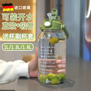 进口大容量玻璃杯1000ml耐高温女士可携式外带双饮吸管杯玻璃水杯