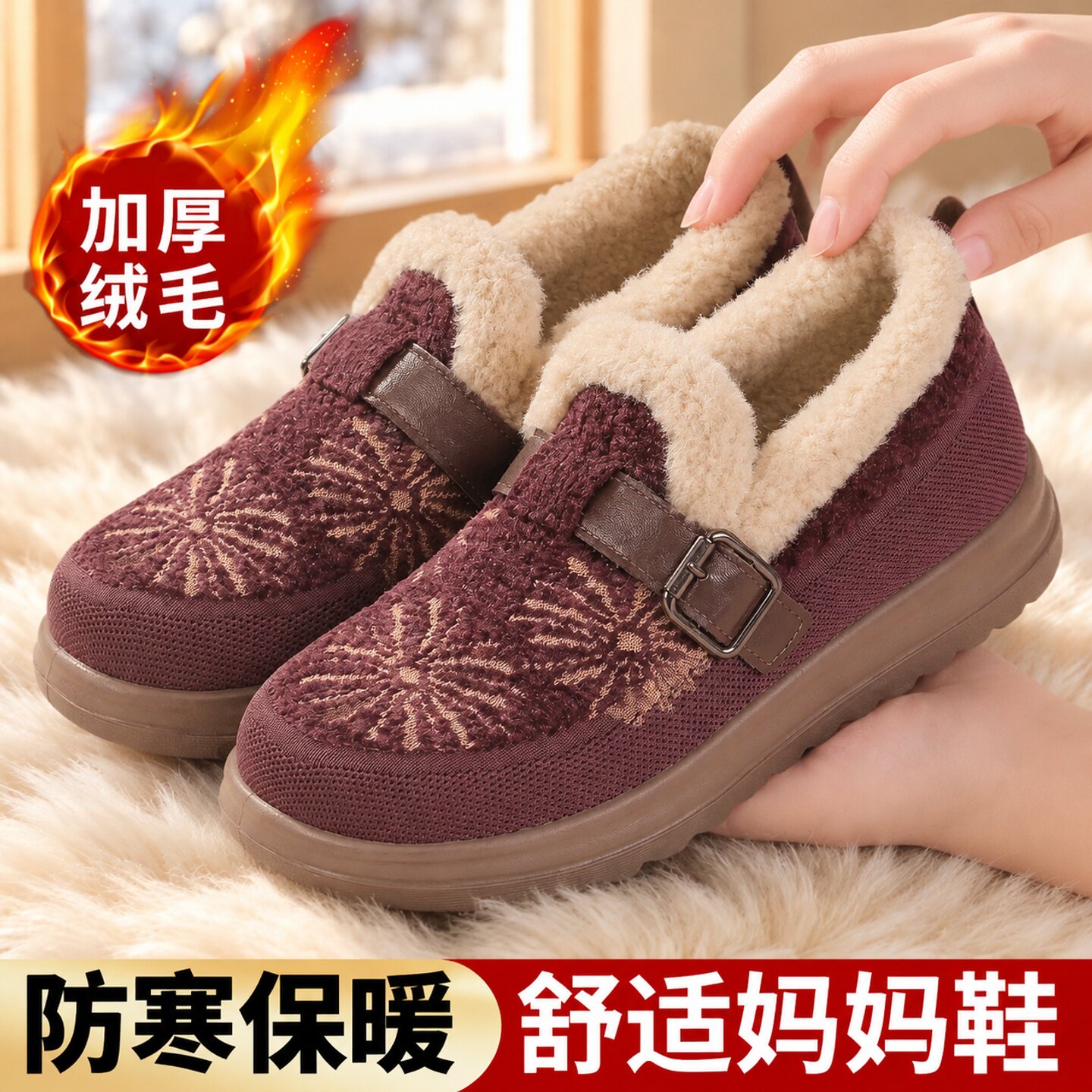 老北京棉鞋女冬季加绒保暖平底加厚防滑休闲一脚蹬中老年雪地棉鞋