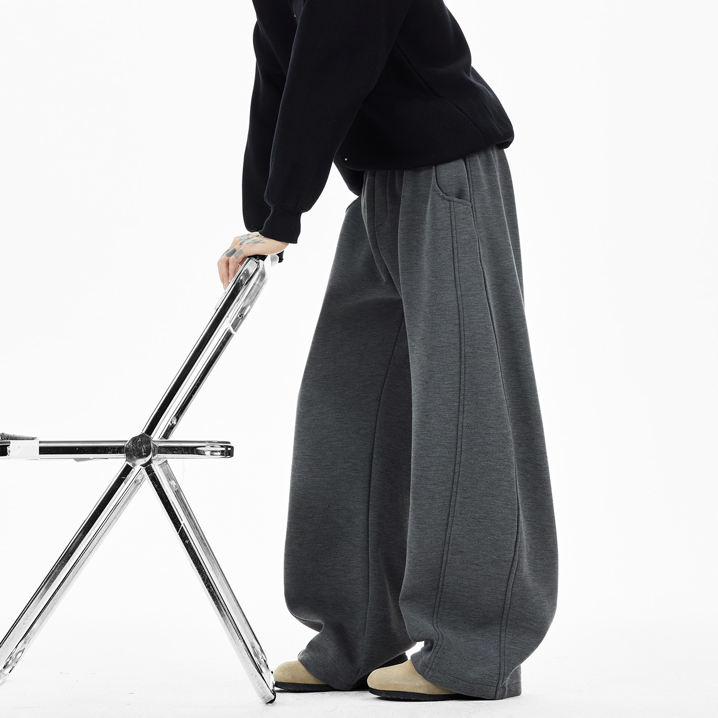 原创现货A412-DM542-特P60-限价98-400g加厚格雷灰腰头弯刀卫裤，男装休闲裤，电商A412