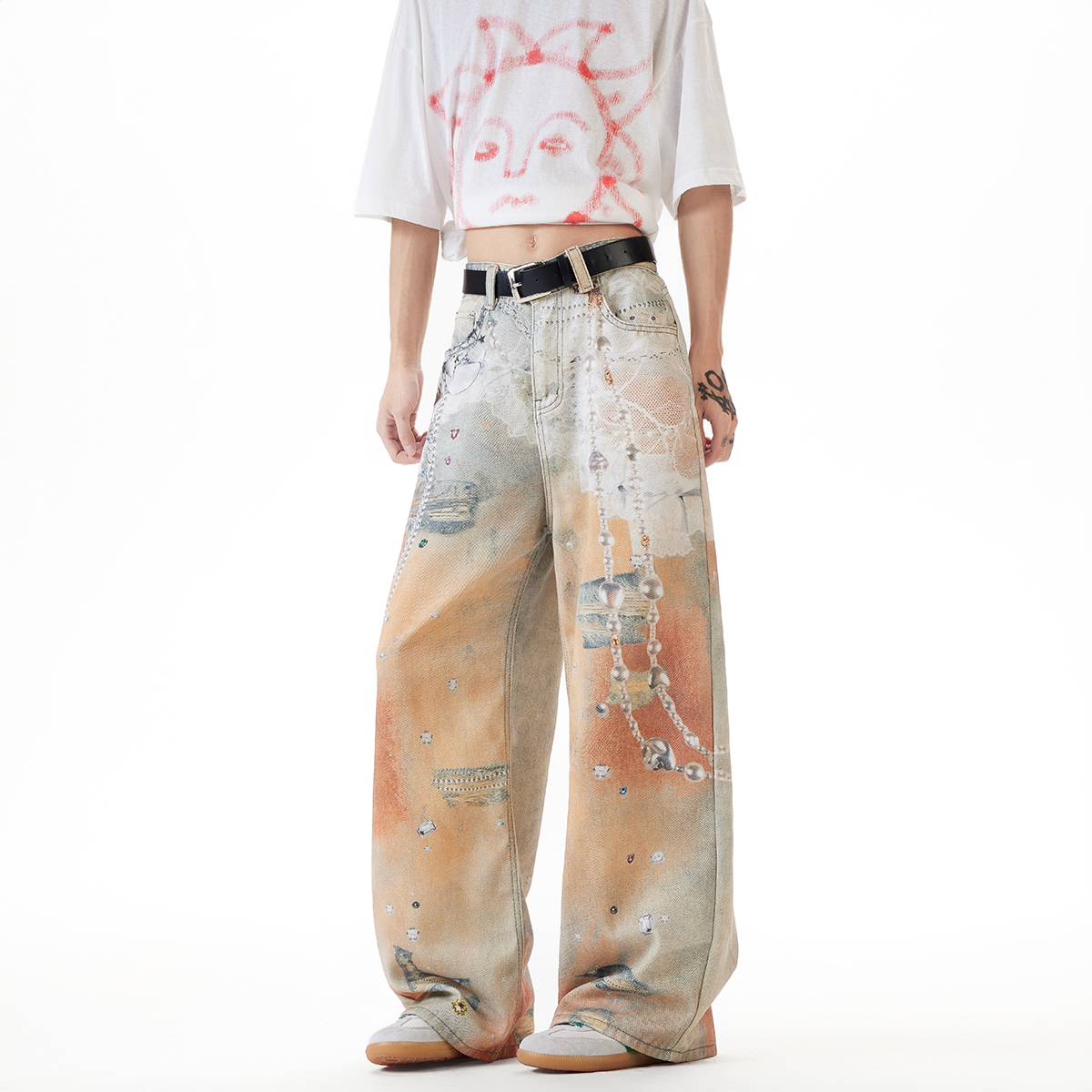 现货A412-DM399-P65-限98-手绘蕾丝链条3D印花牛仔59.6棉40.4聚酯，男装牛仔裤，电商A412