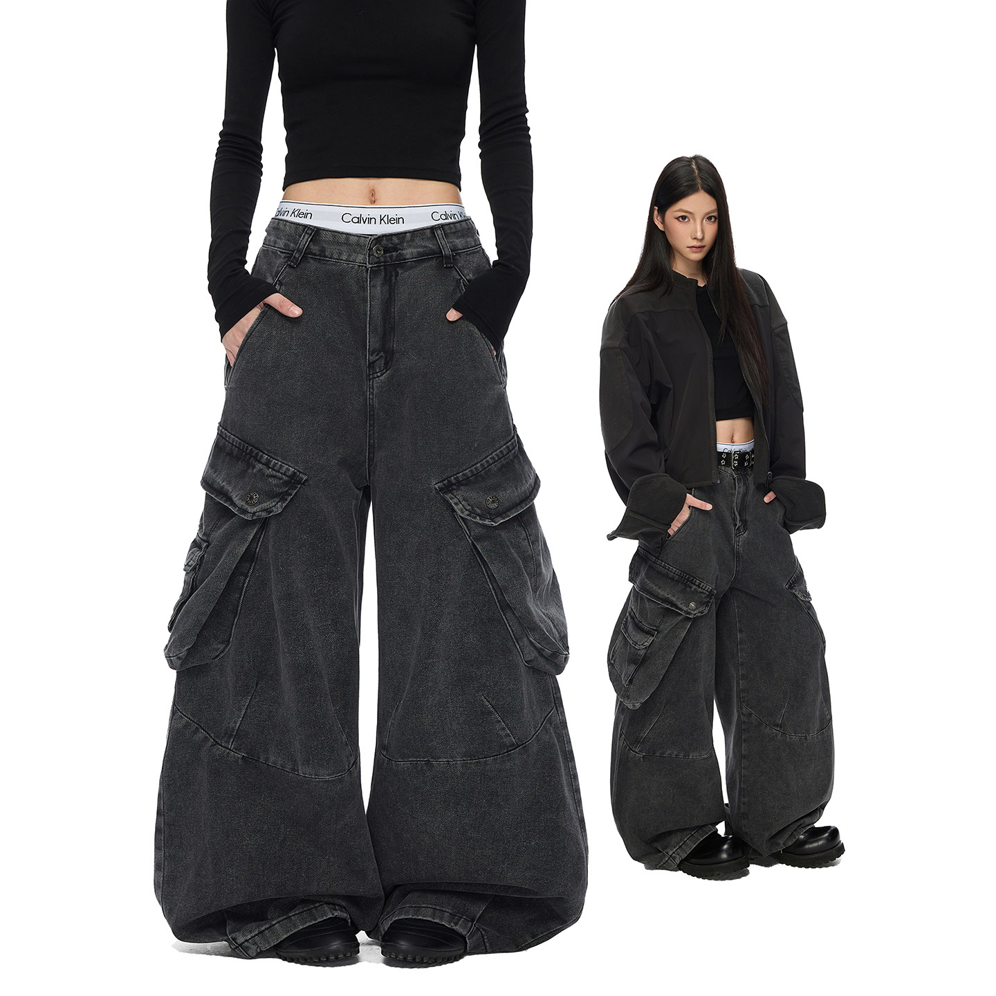 现货A412-DM556-特P69-限价128廓形弯刀工装大口袋做旧水洗牛仔裤，男装牛仔裤，电商A412