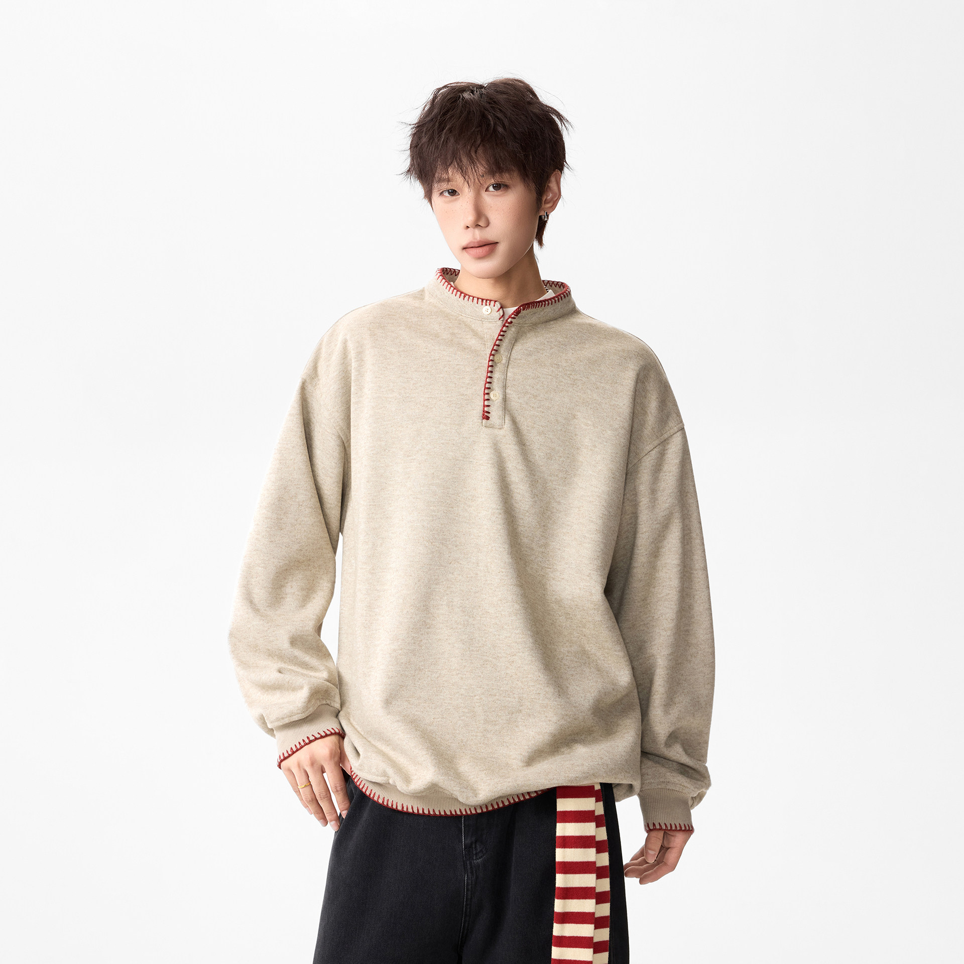 现货原创A412-FM25936-特P75-400g醋酸羊毛手老钱亨利领针织卫衣,男装卫衣,电商A412