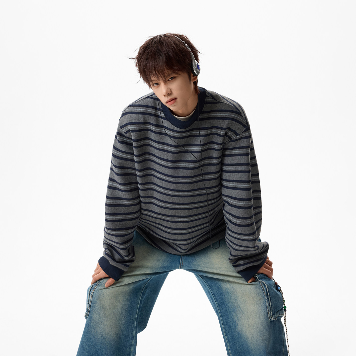 原创现货A412-FM802特P55-420g超高质量加绒加厚蓝灰条纹圆领卫衣，男装卫衣，电商A412