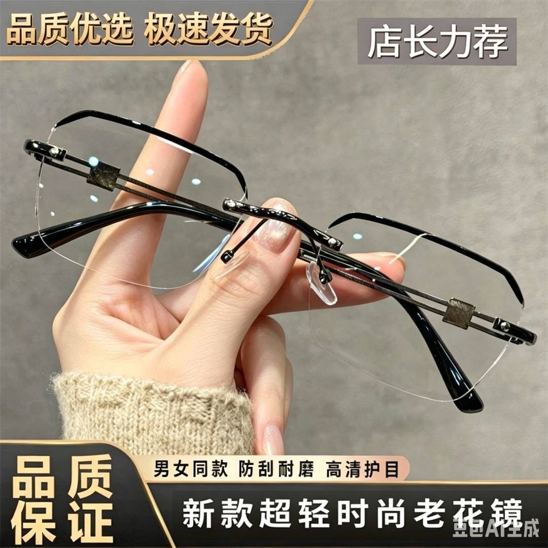 拾光镜语商务男女款老花镜超轻无框防蓝光中老年帅气男女无边框。