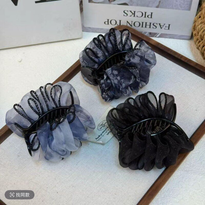 虹晨严选未来发饰高定黑纱星芒缀饰奢华优雅气质抓夹式丸子头发夹