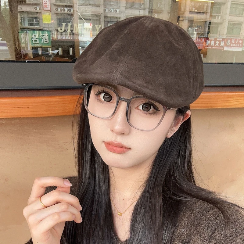 欧乐服配咖棕色麂皮绒前进帽子女英伦复古贝雷帽报童帽腔调画家帽