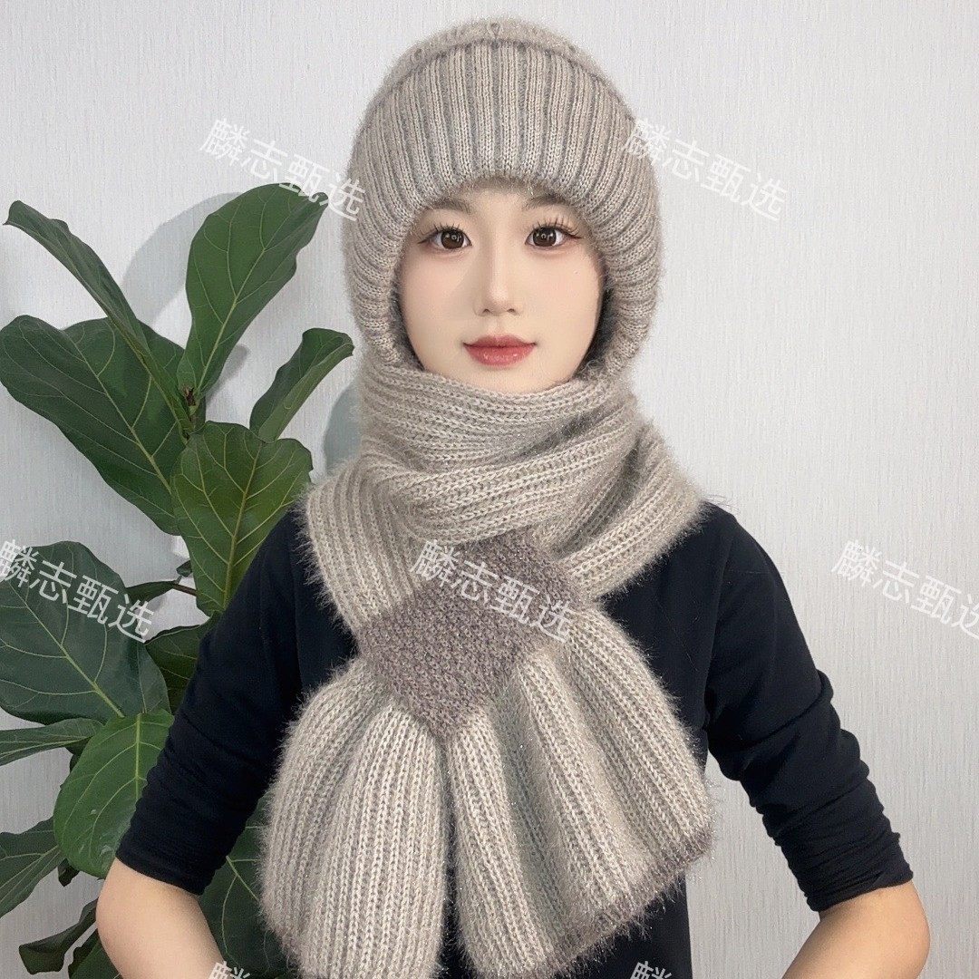 筱柳帽饰新款秋冬加绒加厚编织风雪帽女士冬天护耳朵帽子围巾一体