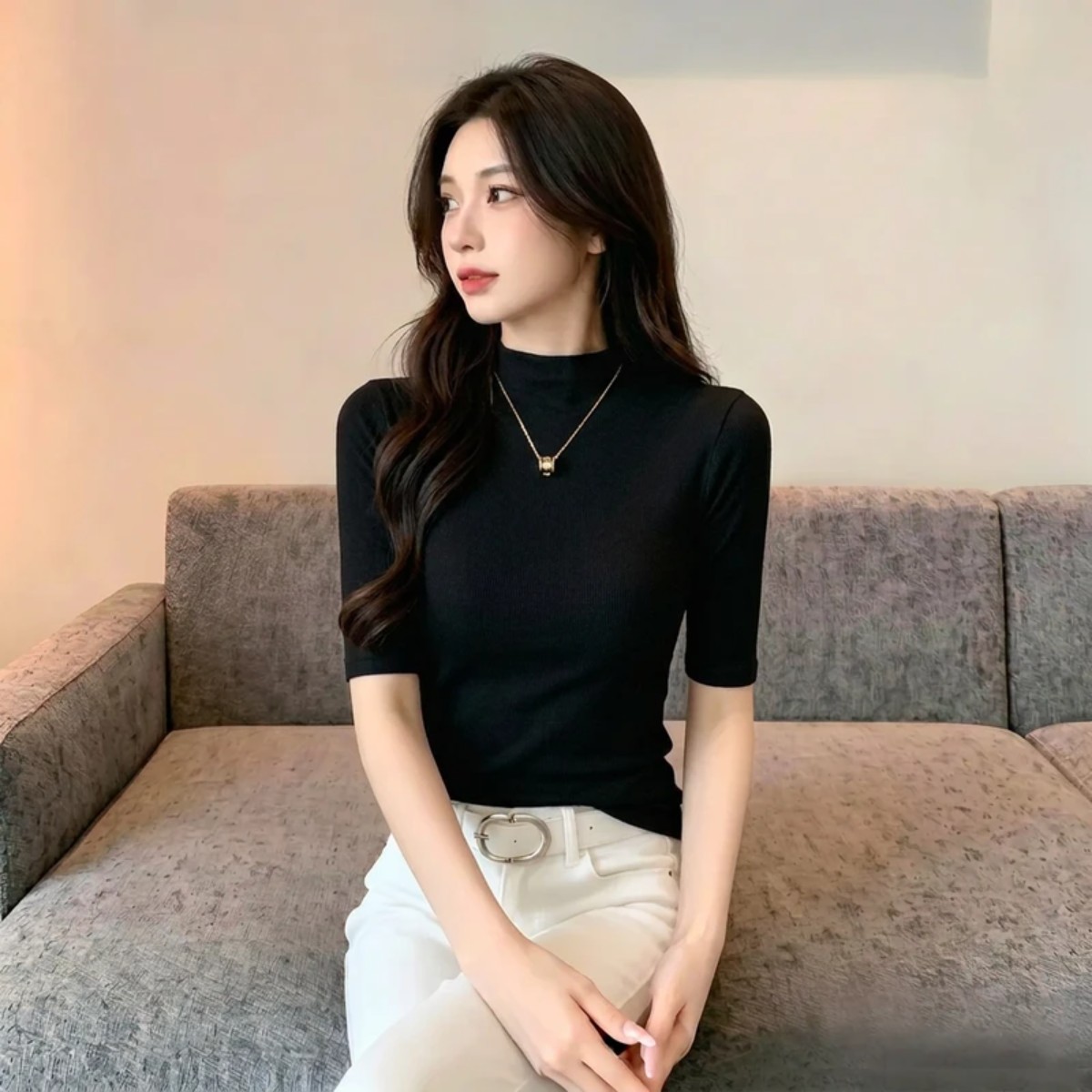 薇帛莉蓝女装半高领冰丝中袖t恤女打底衫内搭针织女士半袖上衣秋