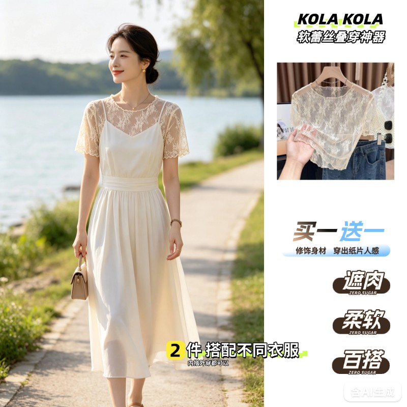 KolaKola女装买一送一镂空女洋气叠穿内搭防走光蕾丝短袖打底衫女