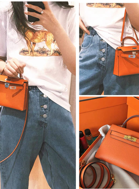 手掌纹牛皮二代2025新款潮mini橙色凯莉高级感真皮手提单肩斜挎包