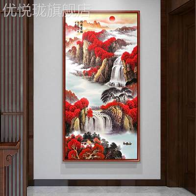 网红鸿画运当头国入户玄关装饰中式山水画竖版挂画走廊过道靠山壁