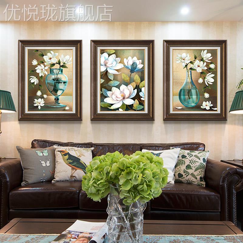 网红发欧式玄花卉挂画美式客沙背景墙三联装饰餐厅组厅合壁画油画图片
