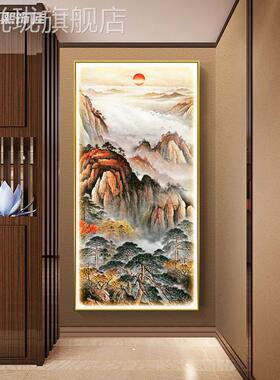 网红新中式泰山日挂靠出山图走廊玄关装饰壁画山水国画带灯竖版画