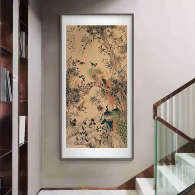 百鸟朝凤图国画唐寅唐伯虎新中式花鸟装饰画玄关进门轻奢挂画网红