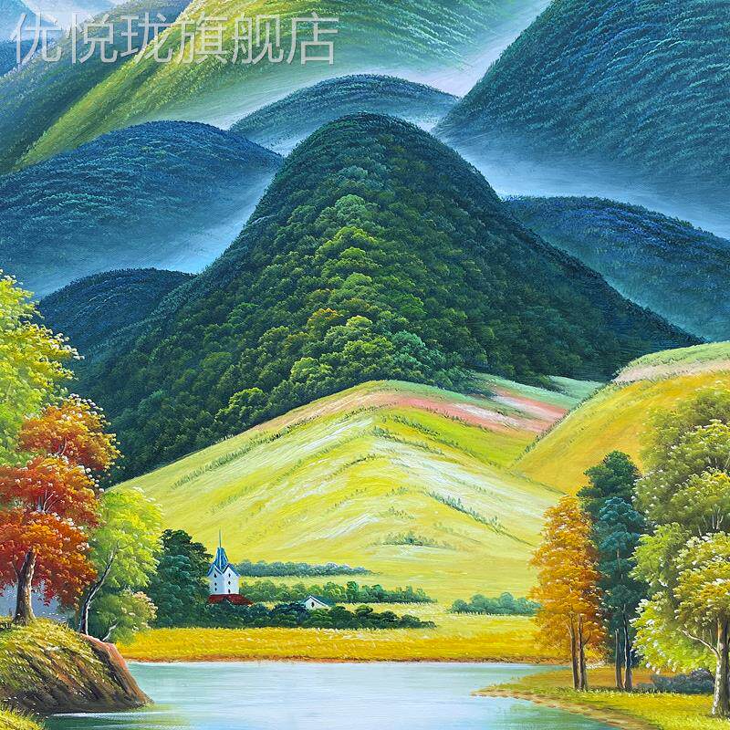 网红手美式玄关饰画欧式客厅山水风景油画竖版装过道挂画新款绘巨