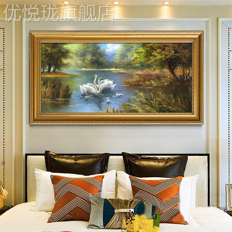 网红油画式山水风景美客厅发财树装饰画欧挂画聚式宝盆巨人山壁画图片