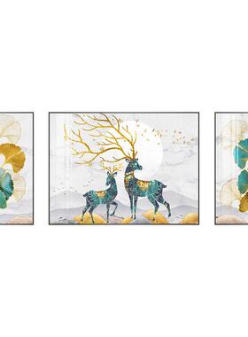 网红墙北欧客厅现发背景墙挂画代奢轻麋鹿银杏叶晶瓷画家里沙上装