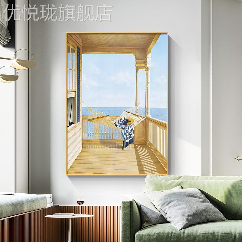 网红入户玄关装饰画后现代海景空窗户间挂过画轻奢走廊道尽头艺术